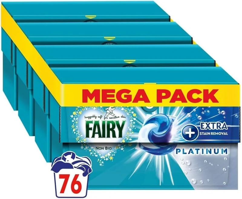 Fairy Non Bio PODS Washing Liquid Laundry Capsules 76 Washes (4x19) , Platinum, With Extra Stain Removal & Brighter Whites, For Sensitive Skin