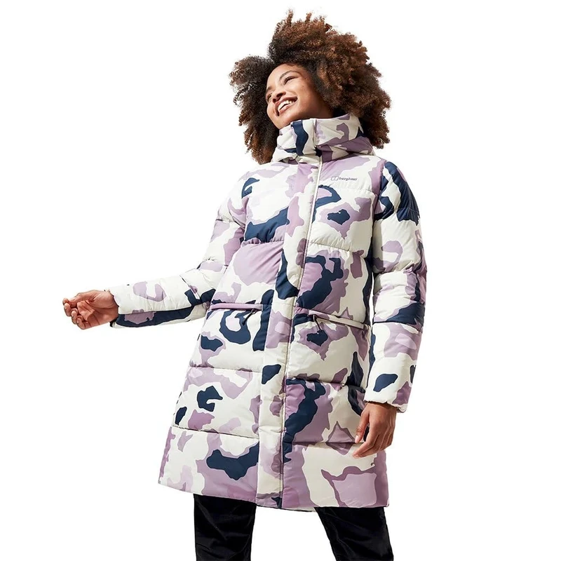 Berghaus Women's Combust Reflect Down Jacket Long Coat | Durable Design | Water Resistant, Topo Camo/Purple Mink, 12