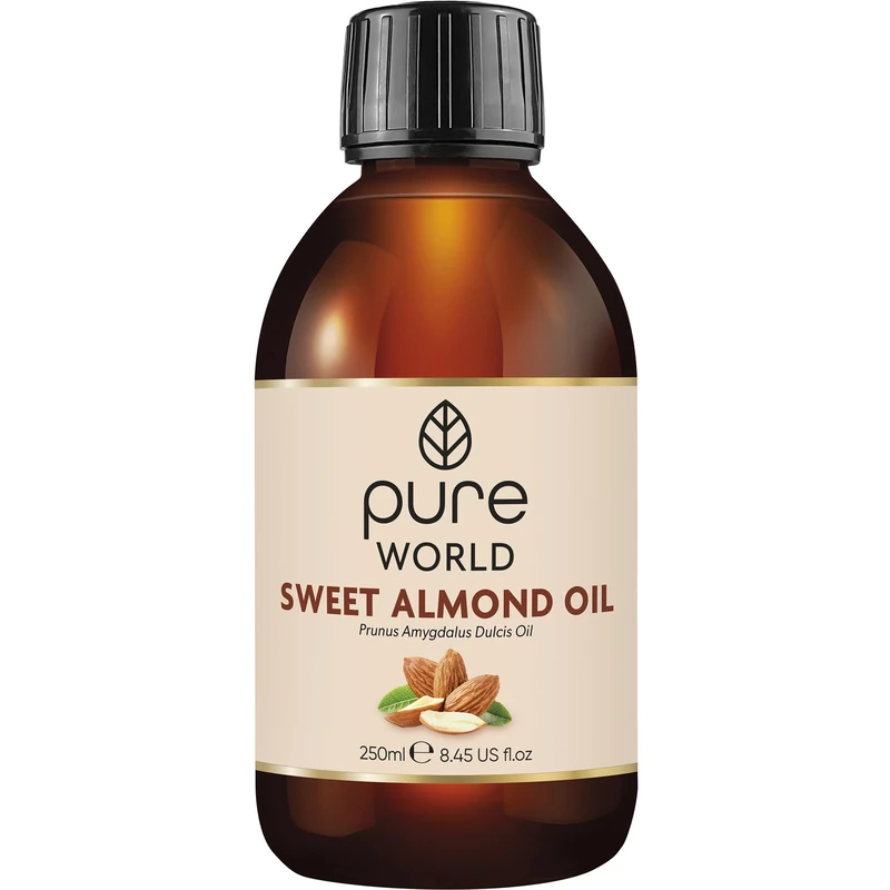 Pure World Natural Sweet Almond Oil 250ML 100% Pure, Undiluted Cold Pressed Premium Quality Almond Oil Freshly Pressed – Massage, Skin, Nails, Body and Face,. Edible Vegan