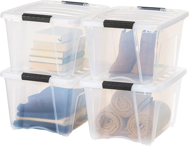 IRIS USA 32 QT Plastic Storage Box with Lid and Latches - 4 Pack - BPA-Free, See-Through Organizing Solution, Durable Nestable Stackable Containers, Secure Pull Handle - Clear