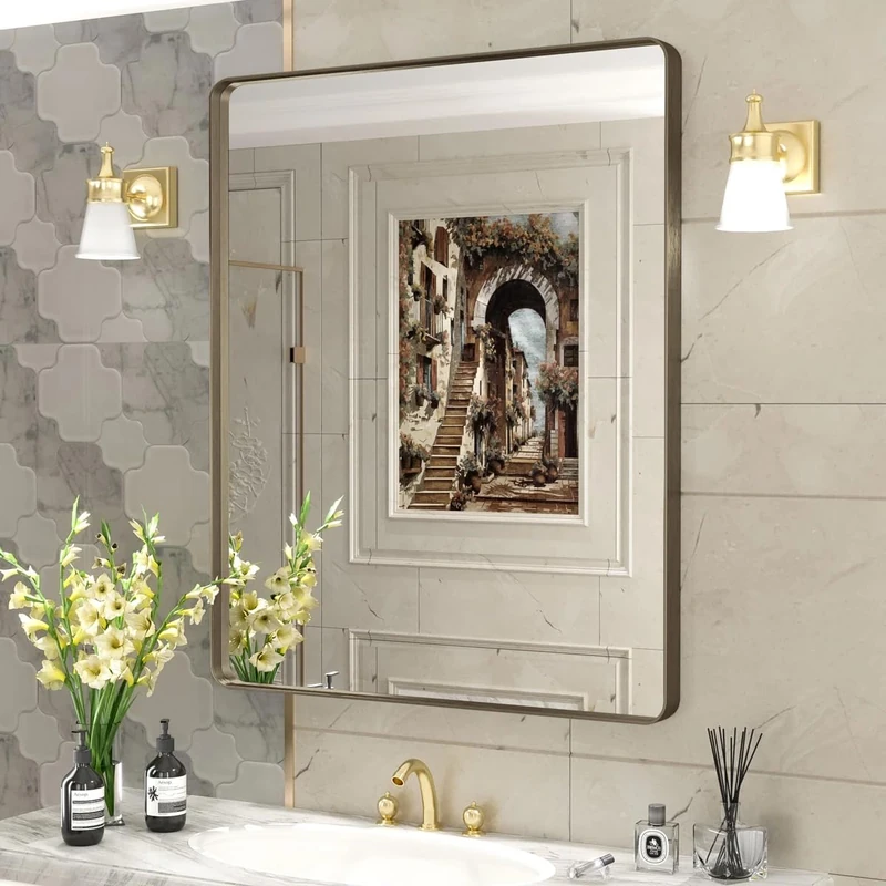 CHARMOR 30x36 Bronze Bathroom Wall Mirror, Modern Brushed Metal Framed Mirror for Vanity, Rounded Oil Rubbed Bronze Frame, Anti-Rust, Tempered Shatterproof (Horizontal/Vertical)