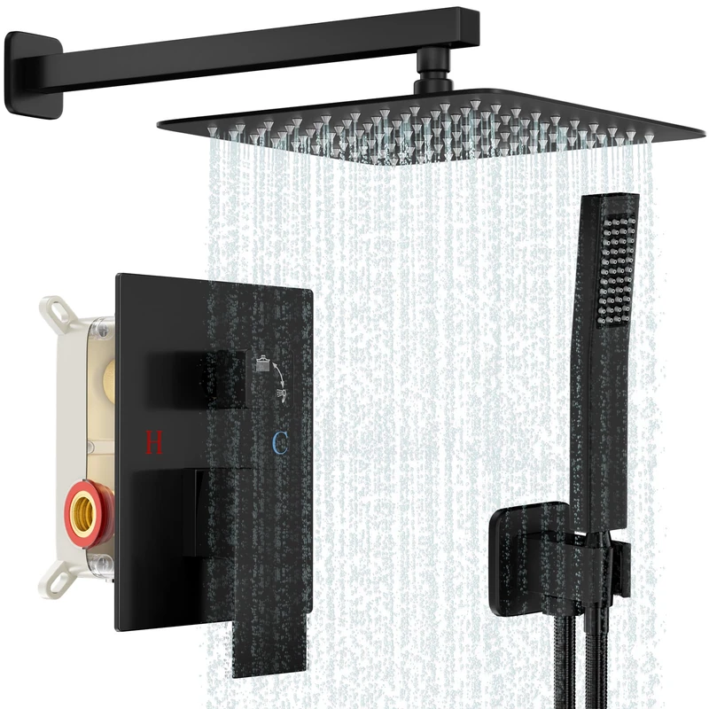 Baetuy 12" Shower Faucet Set, Rain Shower System with High Pressure Handheld Shower and Square Fixed Shower Head, Spray Wall Shower Faucets