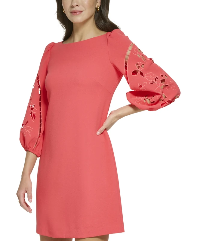 Vince Camuto 3/4 Sleeve Signature Crepe Shift Dress with Embroidered Cutout, Hot Coral, 8