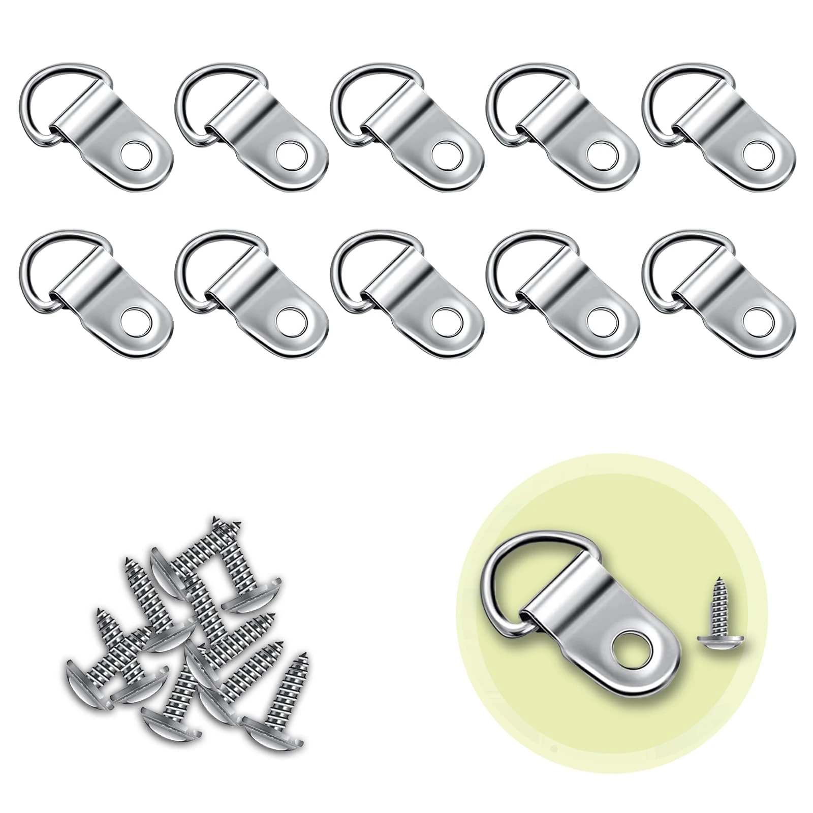 10 Sets D Rings Metal Picture Hangers - 10PCS Canvas Hooks & Screws for Picture Frame Hanging Decoration
