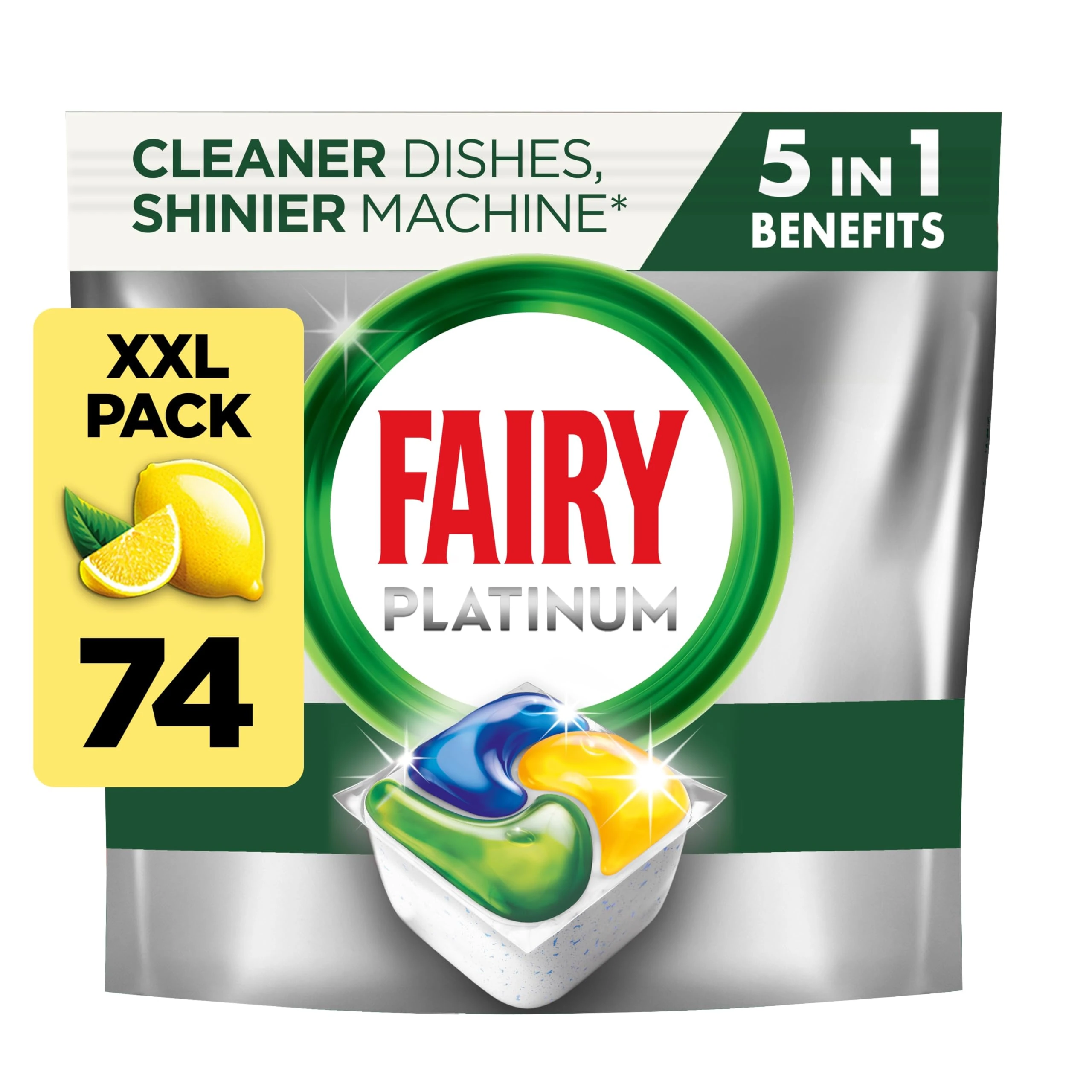 Fairy Platinum All-In-1 Dishwasher Tablets Bulk, 74 Tablets, Lemon, With Greasy Filter & Rinse Aid Action