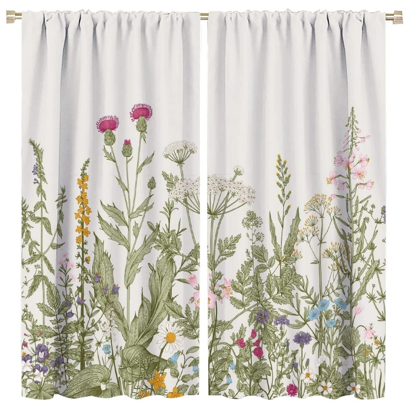 GoDazzling Rustic Flower Blackout Windows Curtains, Green Leaf Vintage Floral Colorful Plant Herbs Women Wildflower Blossom Botanical Nature Curtains, for Living Room Bedroom 63x63in 2 Panels