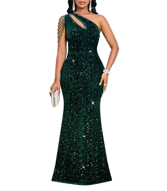 Cololura Women Sequin Elegant Sexy One Shoulder Tassel Oblique Collar Mermaid Bodycon Cocktail Evening Dress, Green, XXL