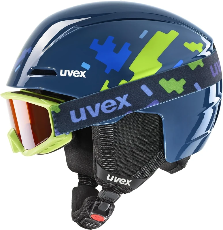 uvex Unisex-Kids, viti set ski helmet and ski goggles, blue puzzle, 46-50 cm