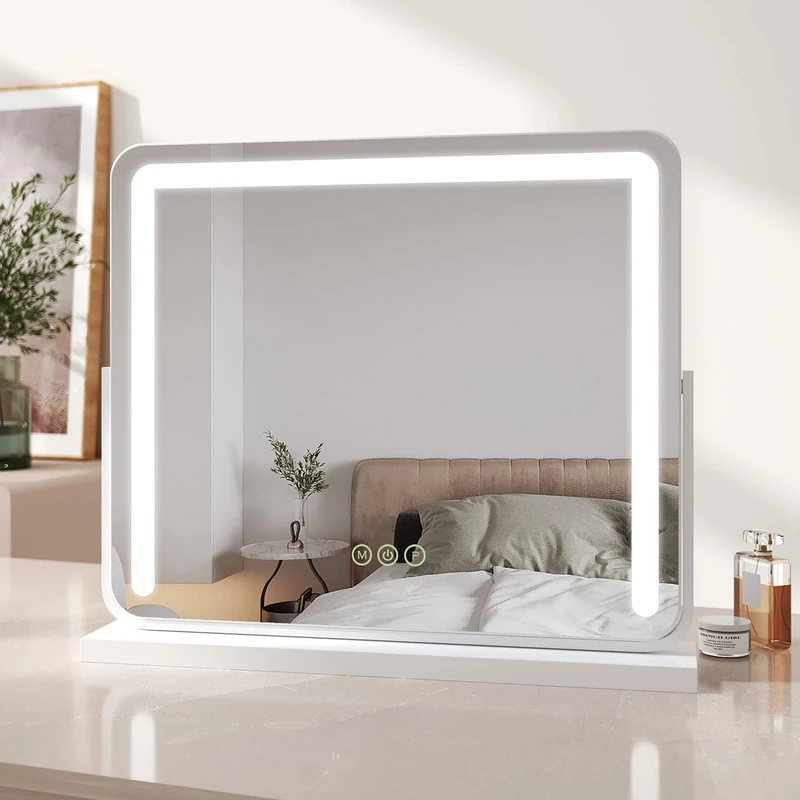EMKE Hollywood Vanity Mirror with Lights, Large Tabletop Makeup Mirror with Dimmable, Smart Touch Screen, Hollywood Mirror with 360° Rotation and Memory Function, 600 x 500mm, White