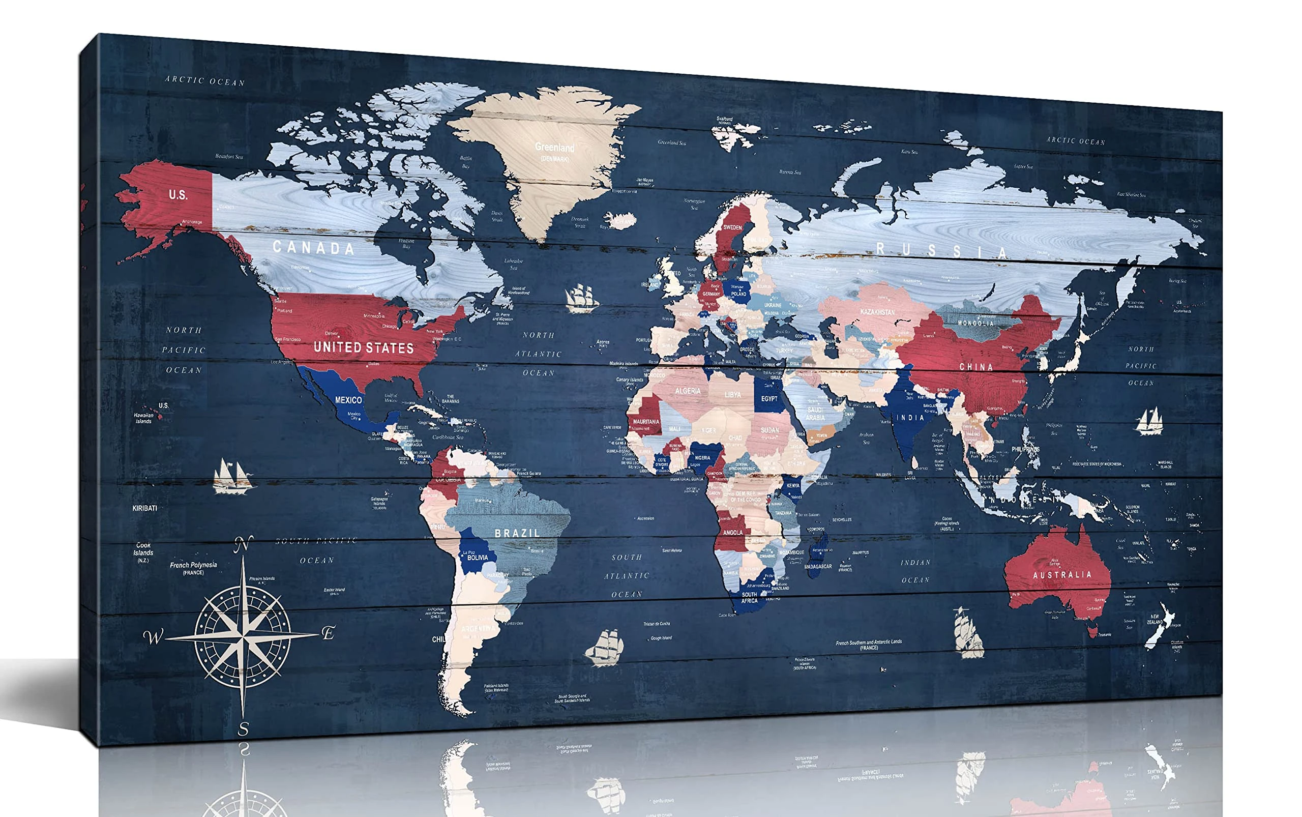 ZHAOSHOP World Maps for Wall - Blue Wall Decor for Living Room - World Map Canvas Wall Art Ready to Hang Size 59" x 29"