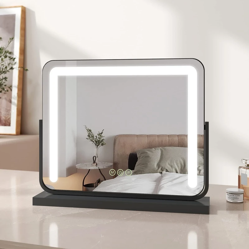 EMKE Hollywood Vanity Mirror with Lights, Large Tabletop Makeup Mirror with Dimmable, Smart Touch Screen, Hollywood Mirror with 360° Rotation and Memory Function, 500 x 400mm, Black