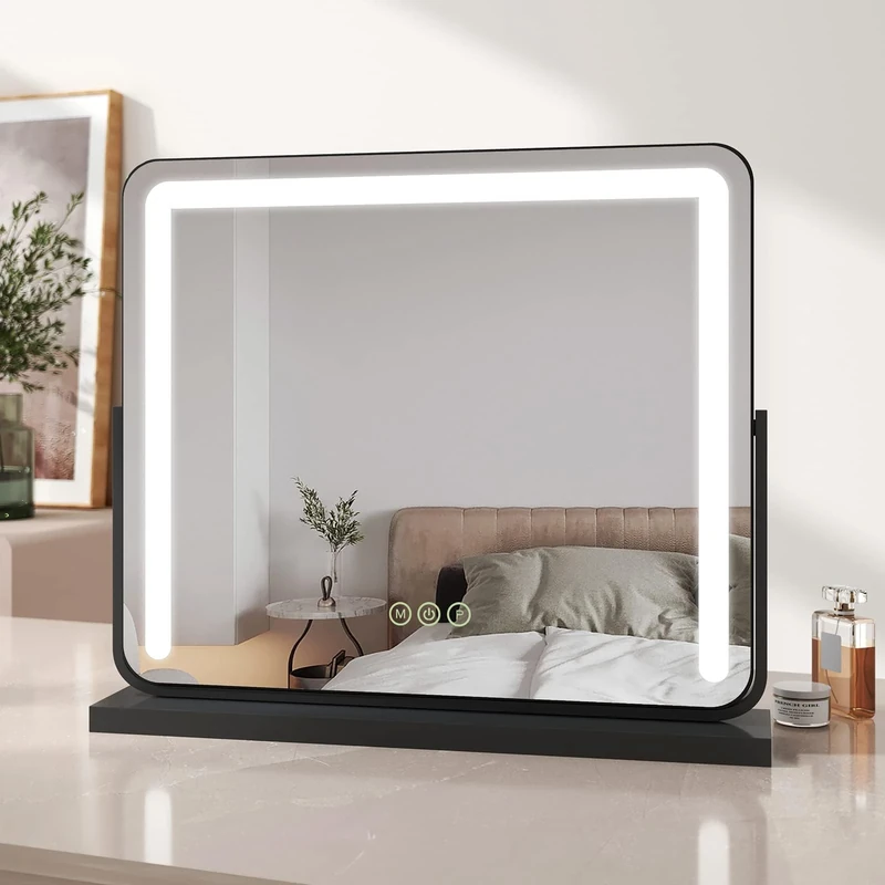EMKE Hollywood Vanity Mirror with Lights, Large Tabletop Makeup Mirror with Dimmable, Smart Touch Screen, Hollywood Mirror with 360° Rotation and Memory Function, 600 x 500mm, Black