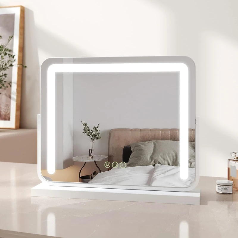EMKE Hollywood Vanity Mirror with Lights, Large Tabletop Makeup Mirror with Dimmable, Smart Touch Screen, Hollywood Mirror with 360° Rotation and Memory Function, 500 x 400mm, White