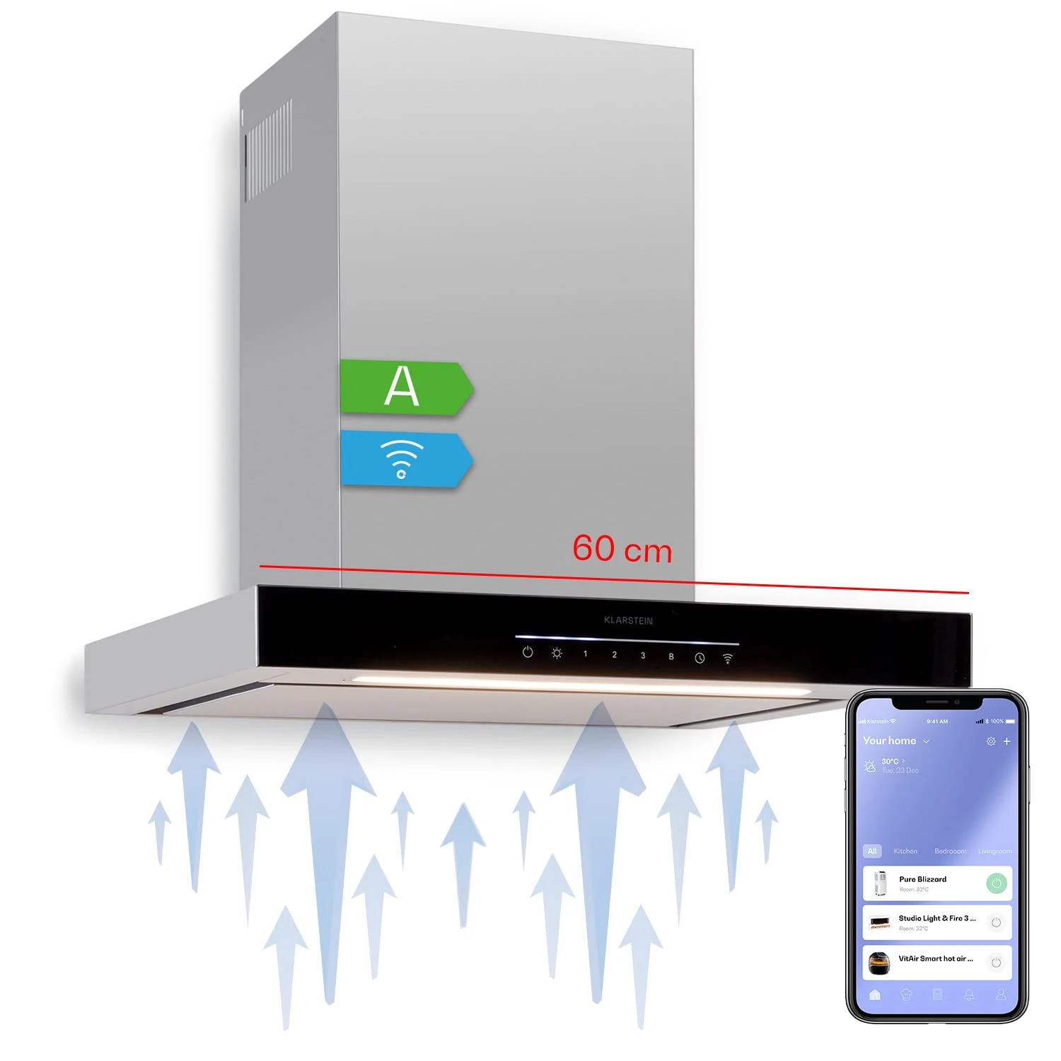 Klarstein Cooker Hood, Extractor Fan for Kitchen w/Dishwasher Safe Aluminium Grease Filter, 577m³/h Airflow, LEDs, Touch Controls Cooker Hoods, Wall Mount Steel Fan Vent Hoods, Kitchen Extractor Fan