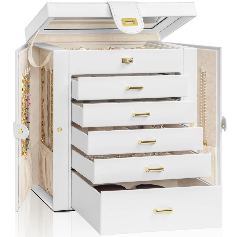 AKOZLIN, Large Functional Jewellery Box Organizer with Large Mirror, Leather Jewelry Case for Women and Girls for Rings, Necklaces, Earrings, Bracelets, Organizer White - Image 1