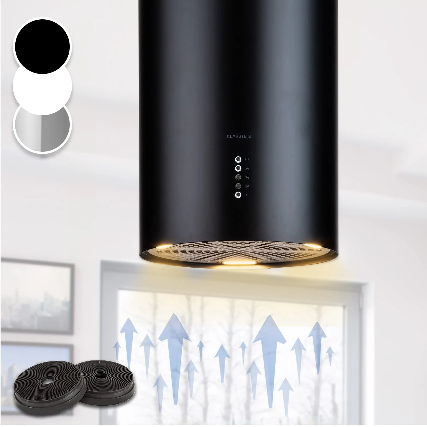 Klarstein Hanging Island Cooker Hood, Extractor Fan for Kitchen Islands, 600m³/h Airflow, Timer, Adjustable Kitchen Extractor Fan w/Pipe Design, Timer, 3 Mode Cooker Hoods, Activated Carbon Filters