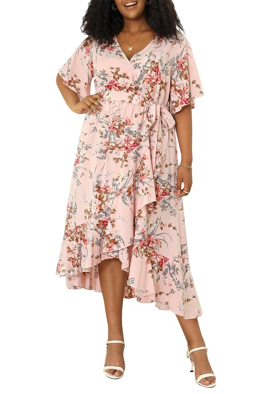 Keluummi Plus Size Women 2023 Summer Casual Boho Floral Empire Waist Tiered Maxi Wedding Guest Dress Party Dress with Pocket, 01 - Pink Floral, 26 Plus