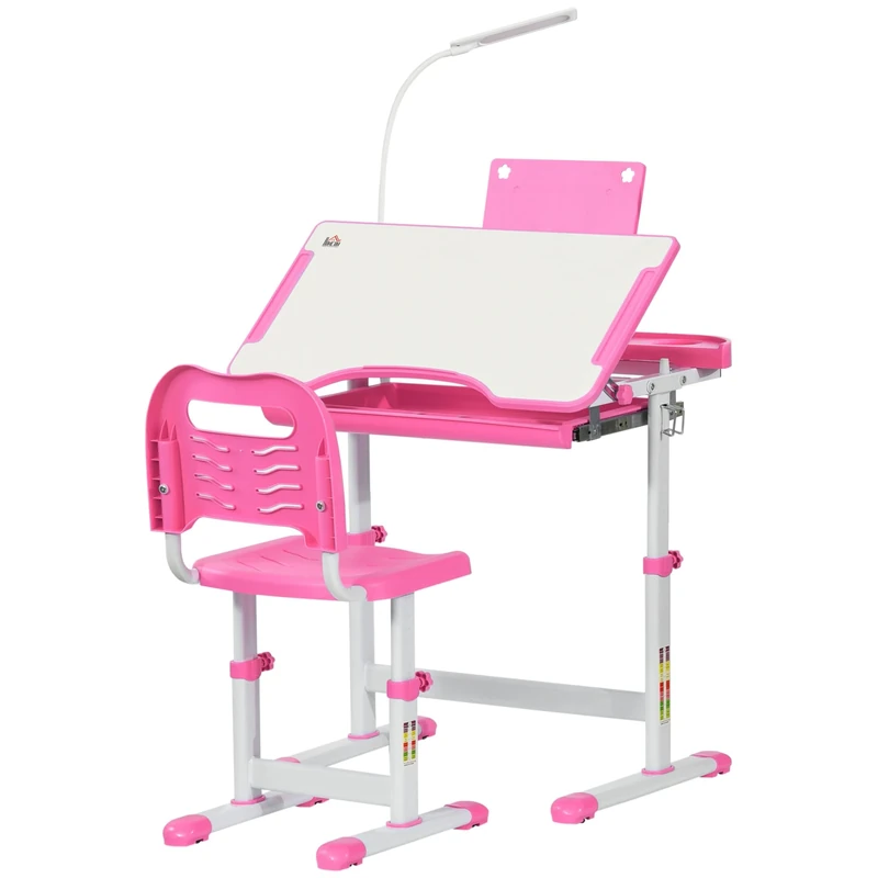 HOMCOM Kids Desk and Chair Set, Height Adjustable Study Desk with Tiltable Desktop, USB Lamp, Storage Drawer for Study, Pink