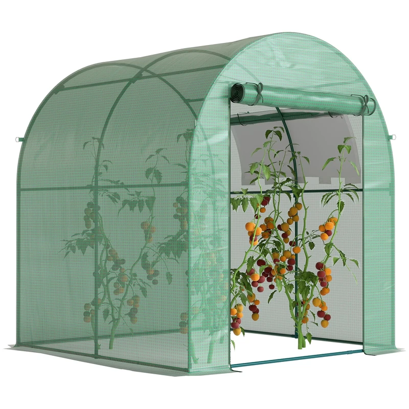 Outsunny Walk in Polytunnel Greenhouse, Tomato Greenhouse with Roll-up Window and Door, PE Cover, Steel Frame for Garden, 1.8 x 1.8 x 2 m, Green