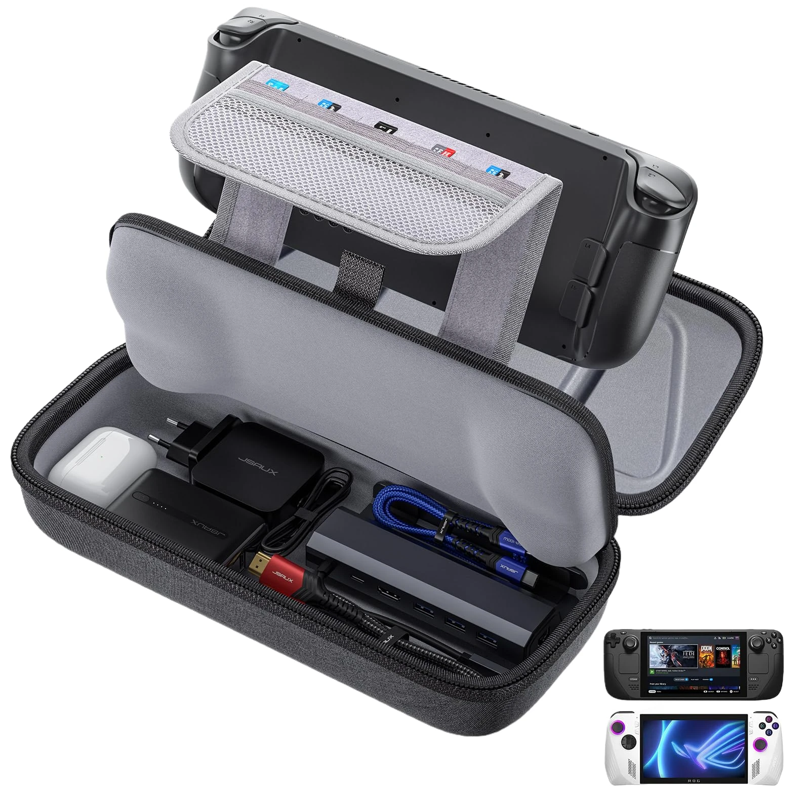 JSAUX Carrying Case Compatible with Steam Deck & ROG Ally, Protective Hard Shell Carry Case Built-in Charger & Docking Station Storage, Portable Travel Bag for Steam Deck OLED/ROG Ally X/Switch 2