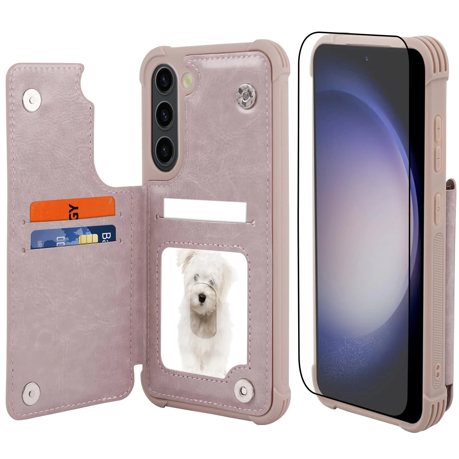 VANAVAGY Wallet Case Compatible for Galaxy S23+ Plus for Women and Men,Leather Flip Folio Phone Cover Fits Magnetic Car Mount with Credit Card Holder,Salmon Pink