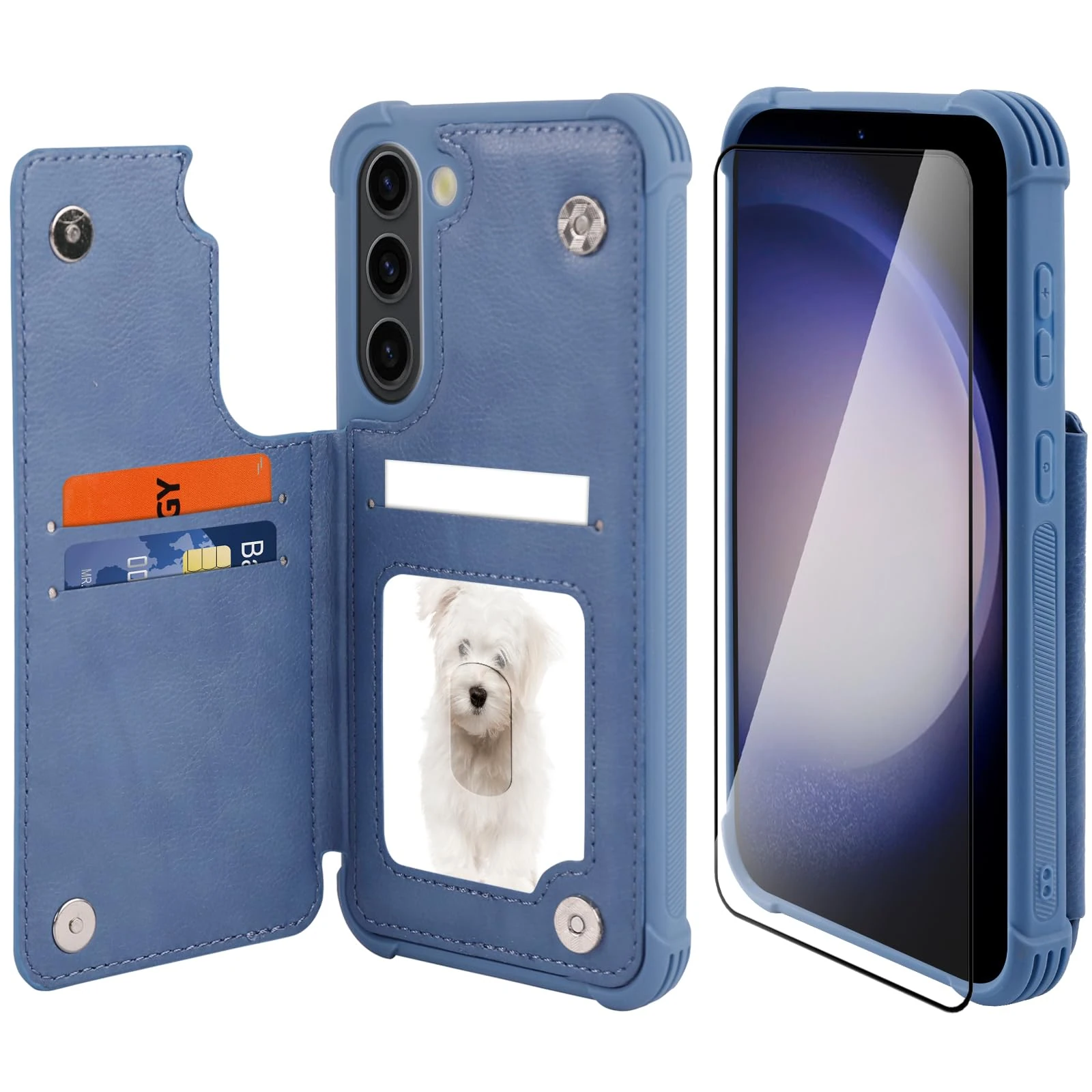 VANAVAGY Wallet Case Compatible for Galaxy S23+ Plus for Women and Men,Leather Flip Folio Phone Cover Fits Magnetic Car Mount with Credit Card Holder,Blue