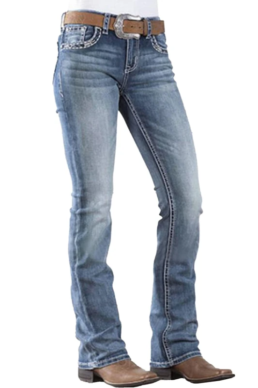PEIHOT Women's Jeans 90s Vintage Bootcut Jeans High Stretch Mid Rise Straight Leg Ripped Jeans Boot Cut Pull On Denim Pants, 201-mid Blue, S - Image 1