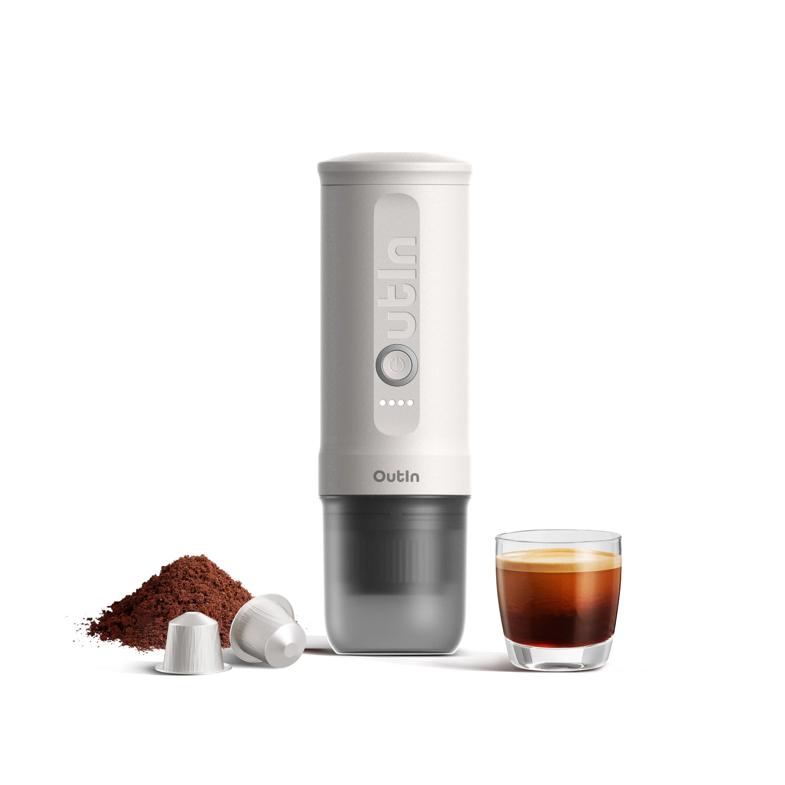 OutIn Nano Portable Electric Espresso Machine, Travel Coffee Maker for Camping, Car Coffee Maker Self-Heating with USB-C, With Ground Coffee & NS Capsule for RV, Hiking, Office