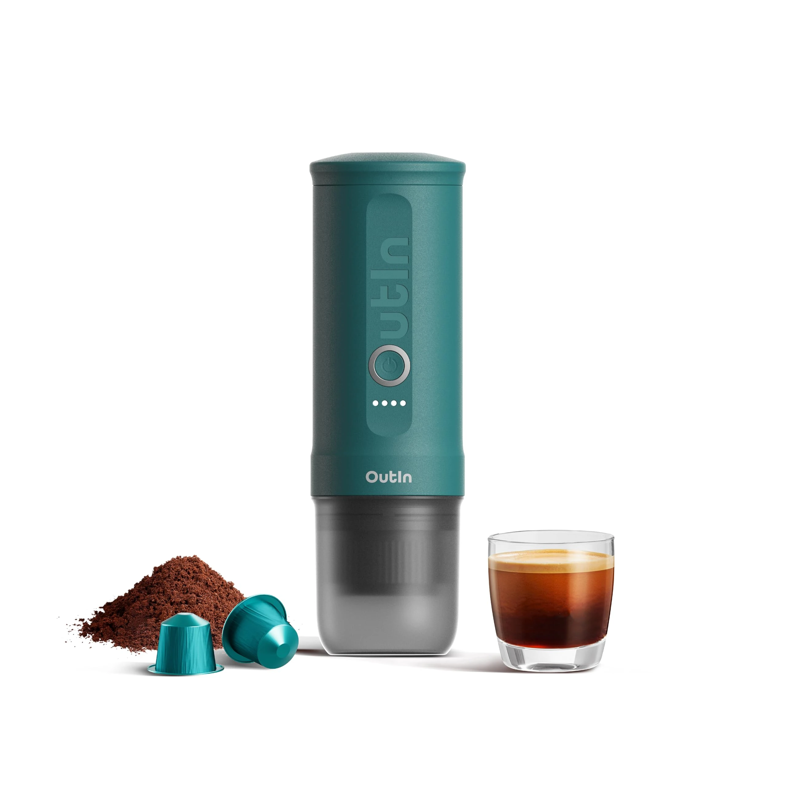 OutIn Nano Portable Electric Espresso Machine, Travel Coffee Maker for Camping, Car Coffee Maker Self-Heating with USB-C, With Ground Coffee & NS Capsule for RV, Hiking, Office