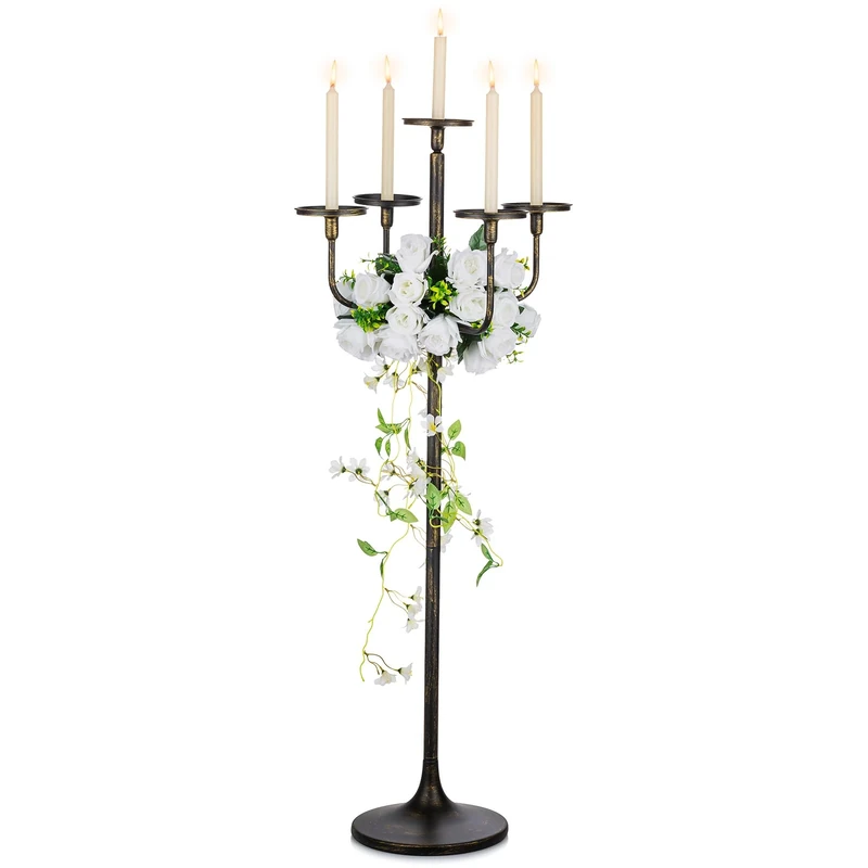 Sziqiqi Black Floor Candelabra Centerpiece 5-arm 48inch Tall Candle Holders for Candlesitcks Taper Pillar Candles Metal Floral Centerpieces Stand Halloween Wedding Party Event Decoration