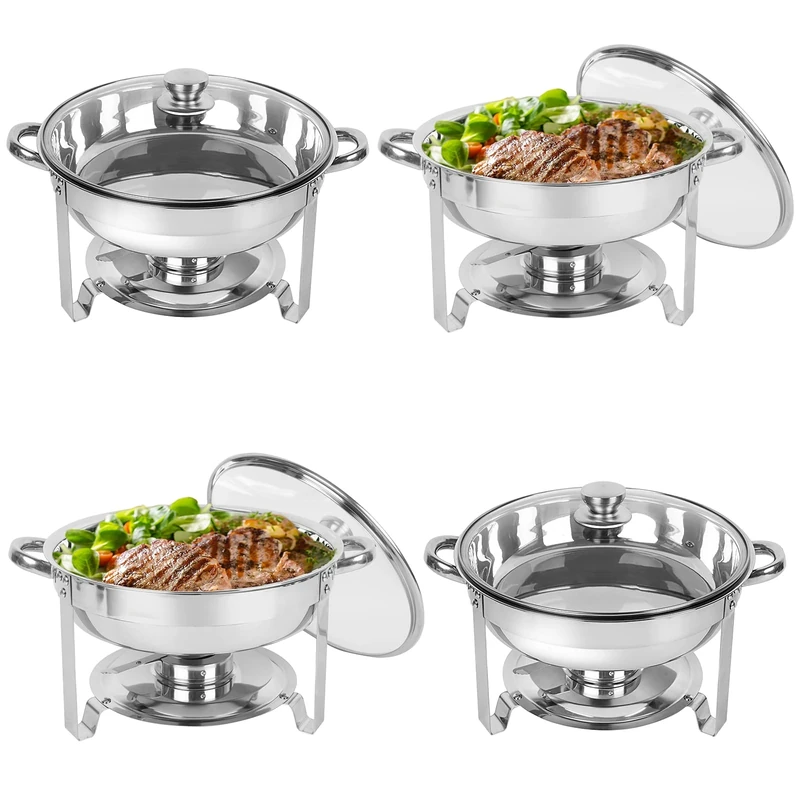 IMACONE Chafing Dish Buffet Set 4 Pack, 5QT Round Stainless Steel Chafer for Catering in Glass Lid, Chafers and Buffet Warmer Sets w/Food & Water Pan, Lid, Frame, Fuel Holder for Event Party Holiday