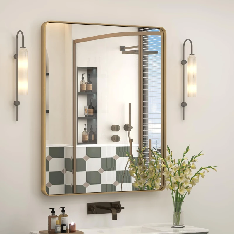 CHARMOR 30x36 Gold Mirror for Bathroom, Brushed Gold Metal Framed Mirror for Vanity, Rectangle Wall Mouted Mirror, Rounded Corner, Shatterproof, Anti-Rust (Horizontal/Vertical)