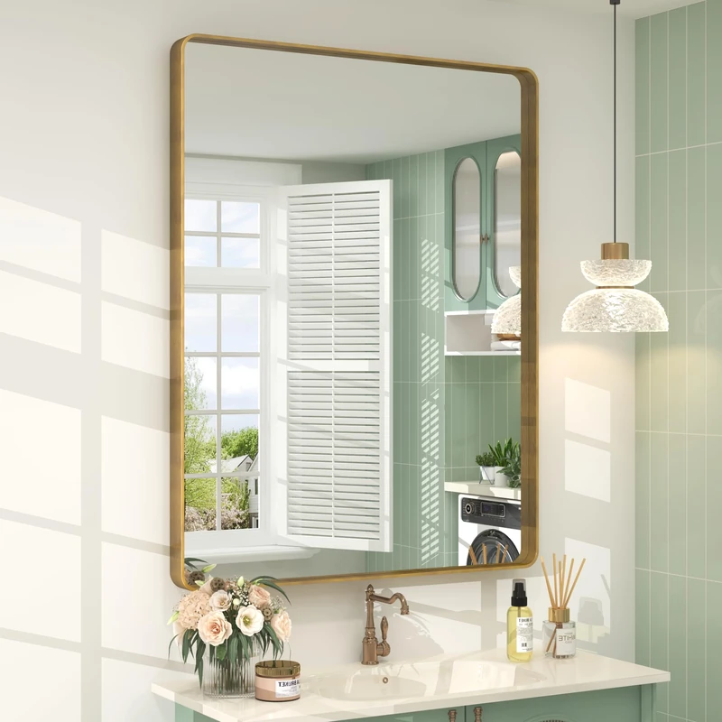CHARMOR 28x36 Gold Framed Mirror for Bathroom, Brushed Gold Mirror with Metal Frame, Modern Rectangle Brass Vanity Mirror for Wall, Shatterproof, Anti-Rust (Horizontal/Vertical)