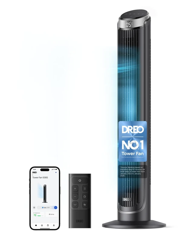 DREO Smart Tower Fan for Bedroom, 90° Oscillating 40" Standing Fan, 7.9m/s High-Speed 5 Speeds 4 Modes, Quiet Room Floor Fans, Touch/Remote/APP & Voice Control, Work with Alexa, 12H Timer, Silver