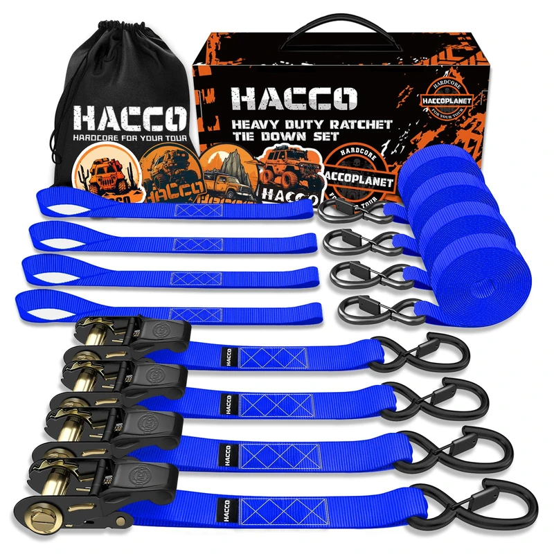 Haccoplanet Ratchet Tie Down Straps, 2340lb Break Strength, 4pc 1inch x 16FT Tie Down Strap Set with Padded Handles & Coated S Hook W/Safety Clip, Cargo Strap Tie Down for Motorcycle, Truck (Blue)