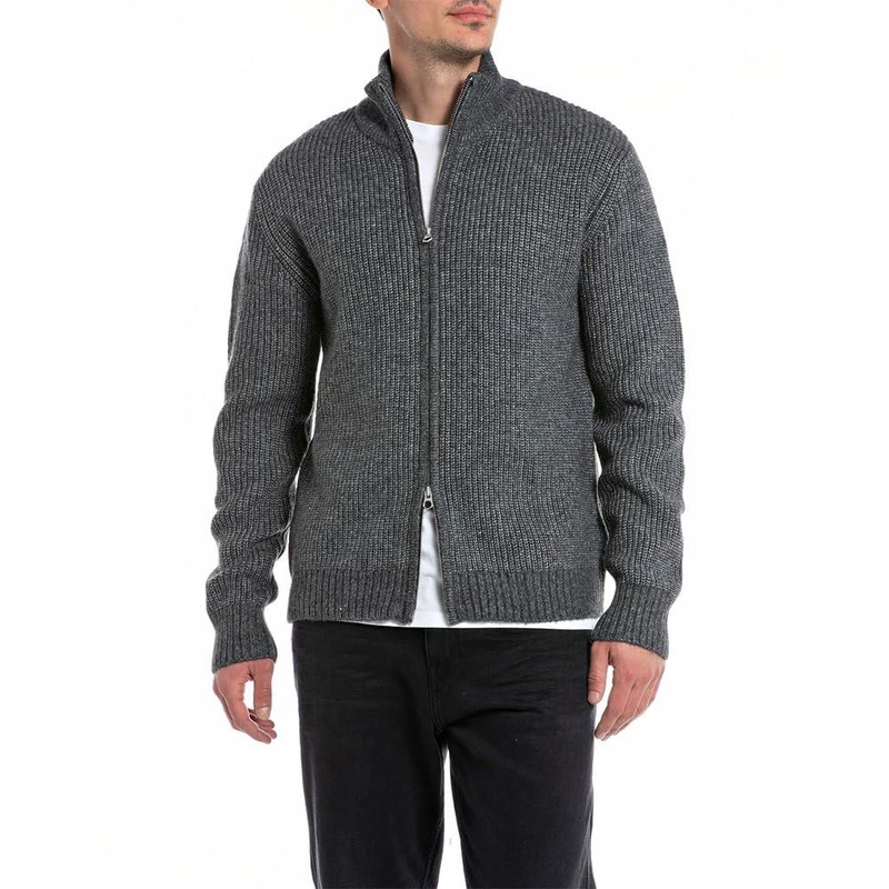 REPLAY Adult UK2511 Wool Blend Brushed Effect Cardigan Sweater, Dark Grey Melange M10, 3XL