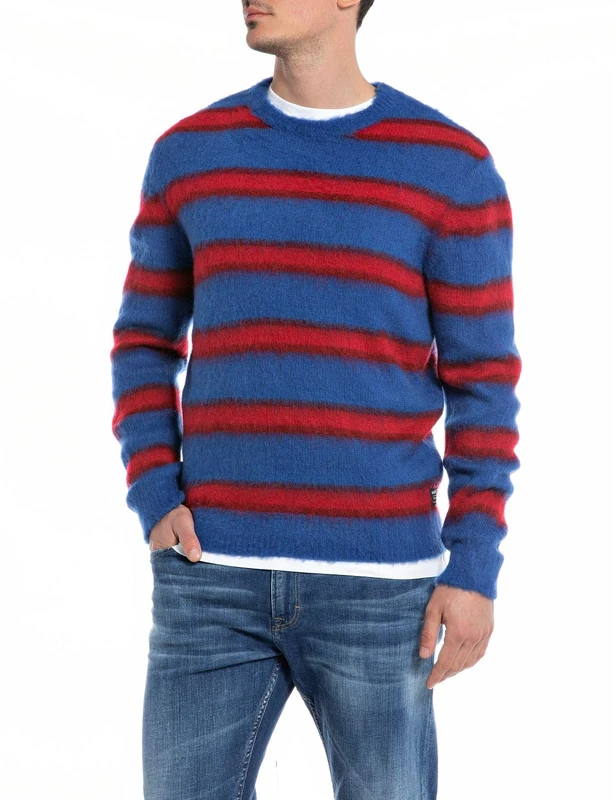 REPLAY Adult UK2511 Wool Blend Brushed Effect Sweater, Striped Sky/Bordeaux/Red 130, XL