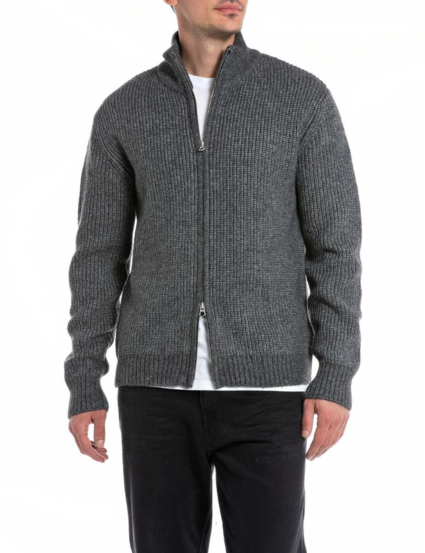 Replay Men's Cardigan Recycled Wool Mix, Dark Grey Melange M10 (Grey), L
