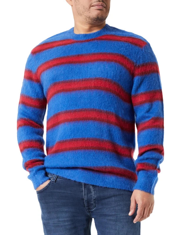 REPLAY Adult UK2512 Cotton Basic Sweater, Striped Sky/Bordeaux/Red 130, XXL