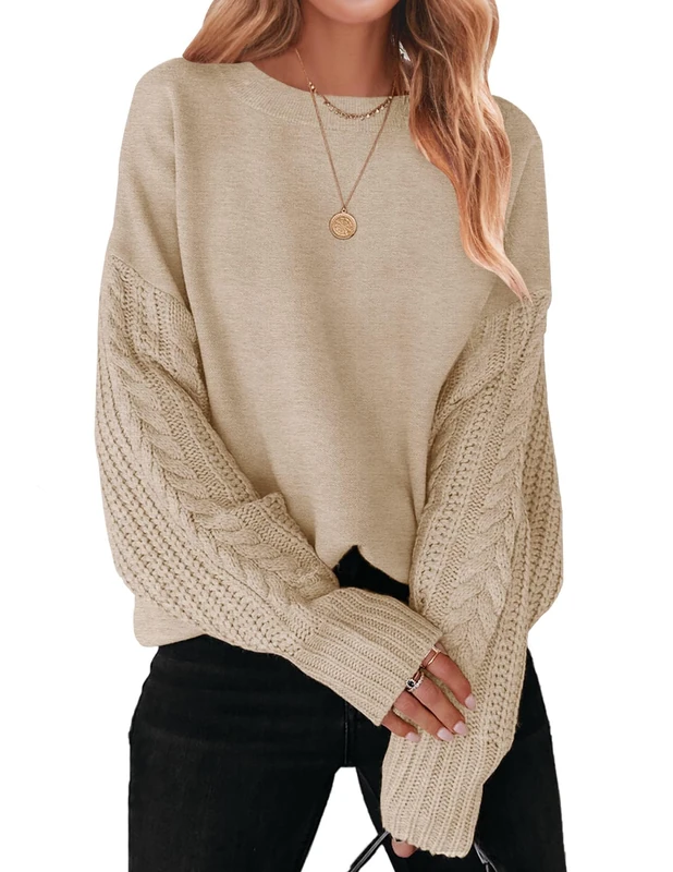 ZESICA Women's 2025 Fall Long Sleeve Crew Neck Solid Color Cable Knit Chunky Casual Oversized Pullover Sweater Tops, Oatmeal, L