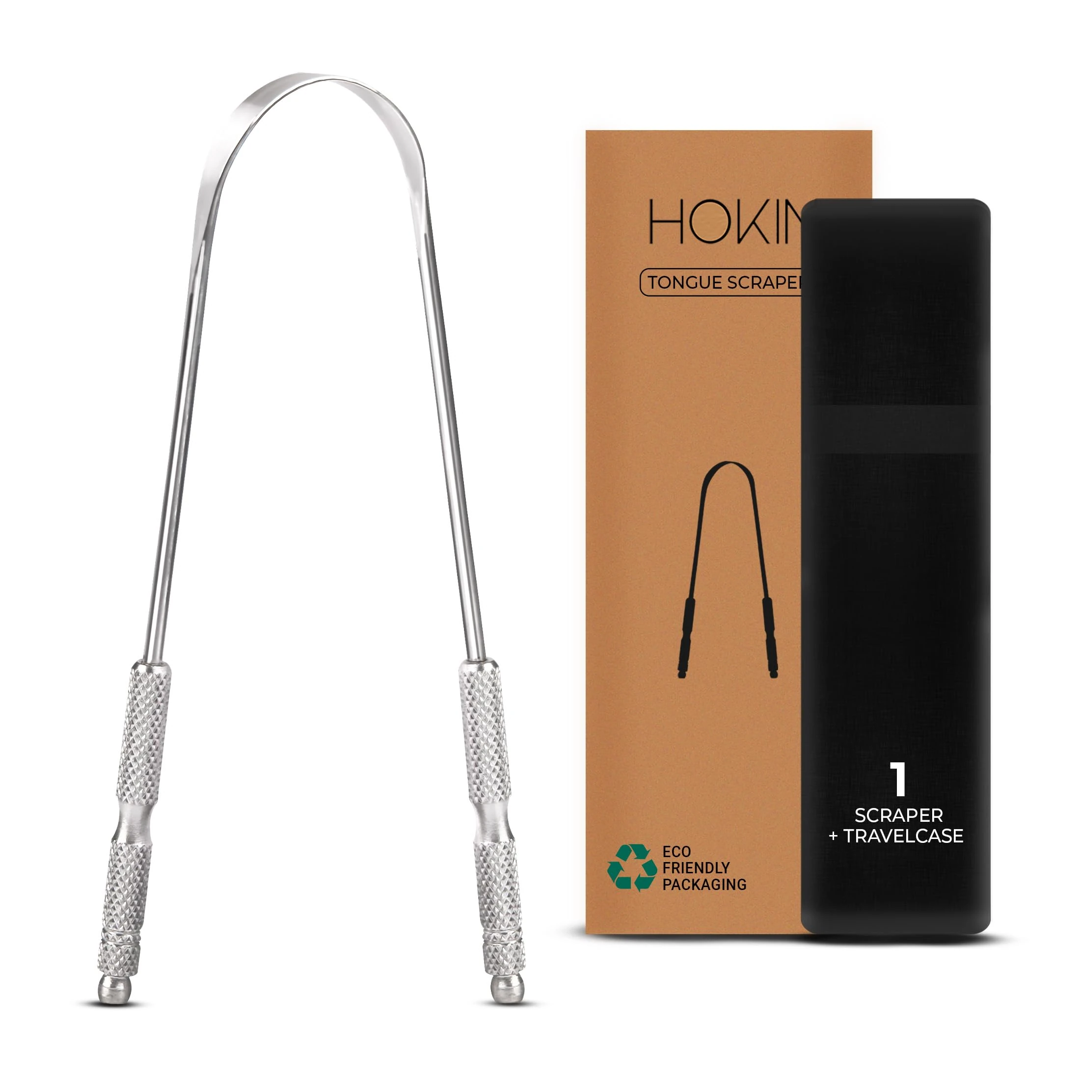 Tongue Scraper for Adults by HOKIN (1Pcs Oral Care Pack) Stainless Steel Tongue Cleaners Reduce Bad Breath 100% Metal Tough Scrapers Men and Women Hygiene Product, Silver, 2.0 Count