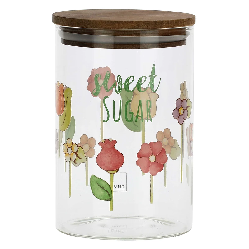 THUN, Happy Country Range Glass Sugar Jar Decorated with Floral Motifs and Acacia Wood Lid, Diameter 10 cm, 15 cm H, 900 ml