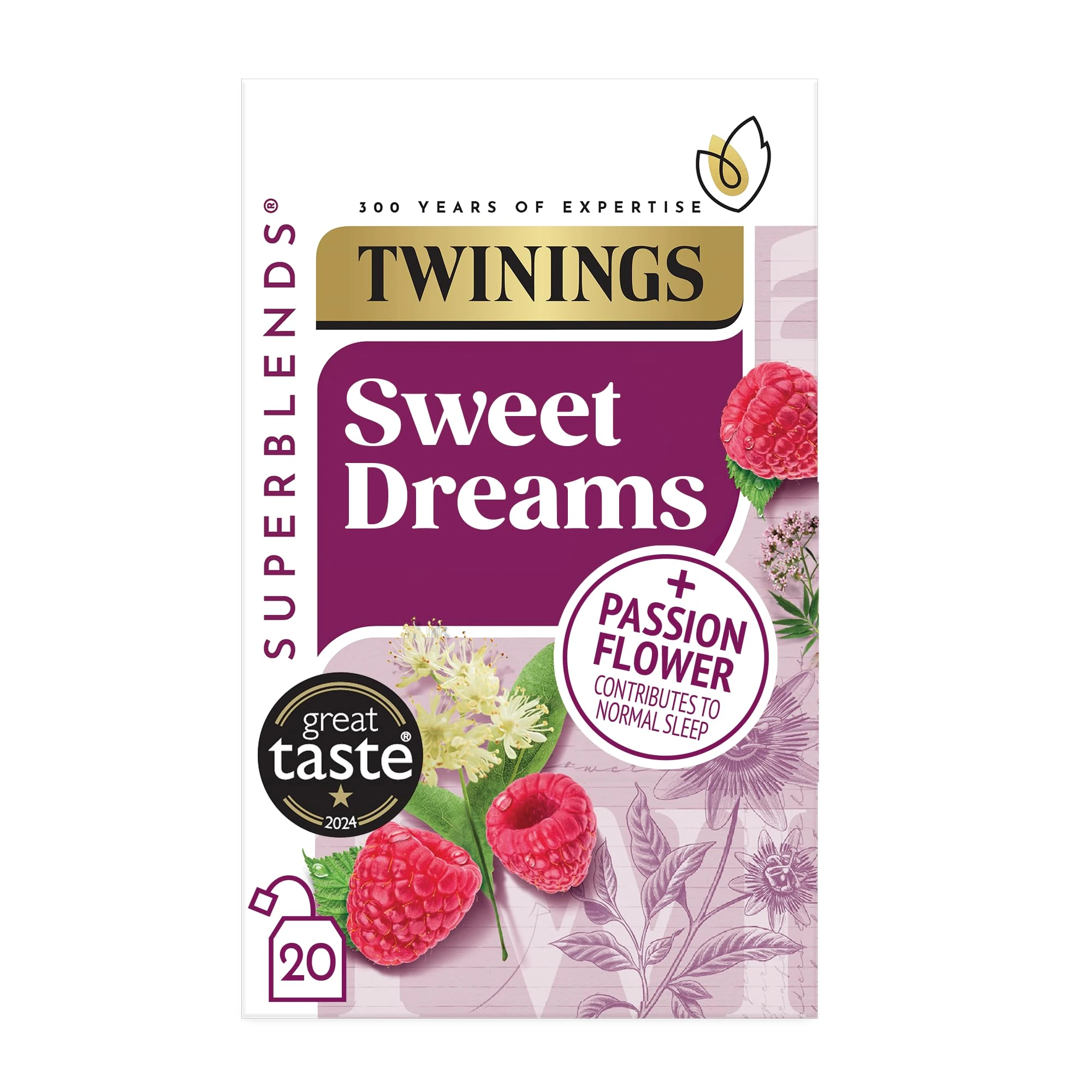 Twinings Superblends Sweet Dreams Tea - Raspberry, Passionflower & Valerian Root Herbal Tea Infusion with Niacin (Vitamin B3) - Sleep Tea, 20 Biodegradable Tea Bags