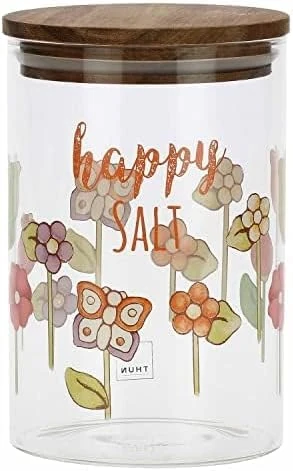 THUN, Glass Flour Jar Decorated with Floral Patterns and Acacia Wood Stopper, Happy Country Line, Ø 10 cm, 15 cm h, 900 ml - Image 1