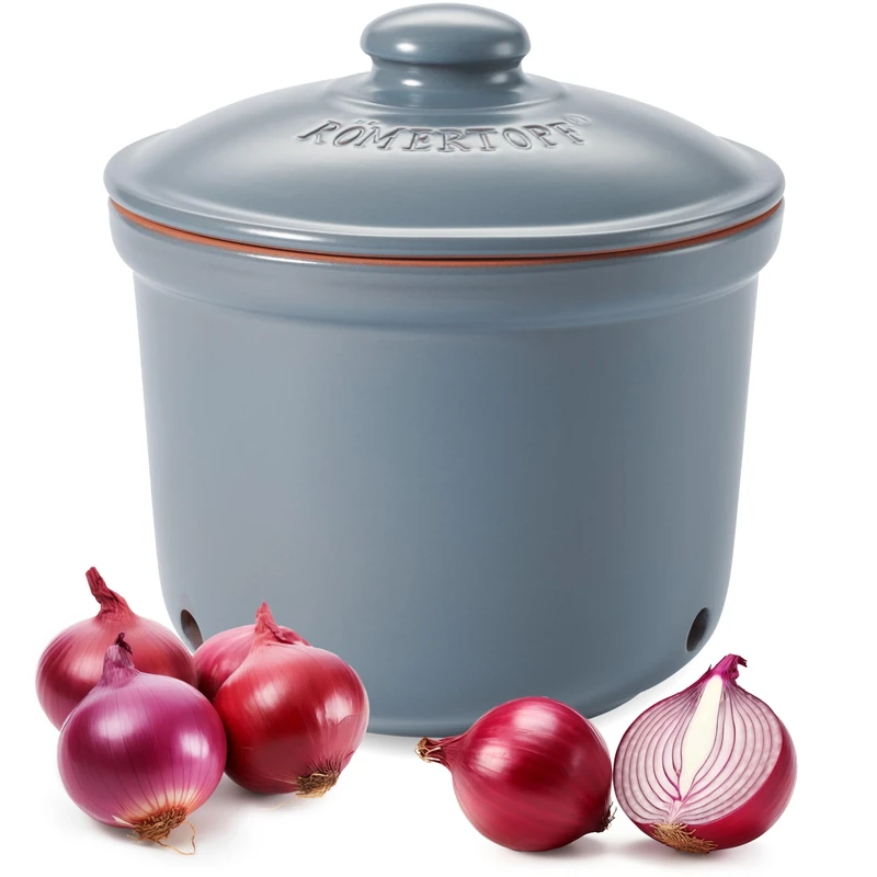Römertopf Maxi Storage Pot, Blue/Grey, Natural Clay, Diameter 21 x 17.5 cm, 2.8 L, Vented Ceramic Fresh Pot for 1.5-1.9 kg Onions and Vegetables, Glazed Base, Dishwasher Safe