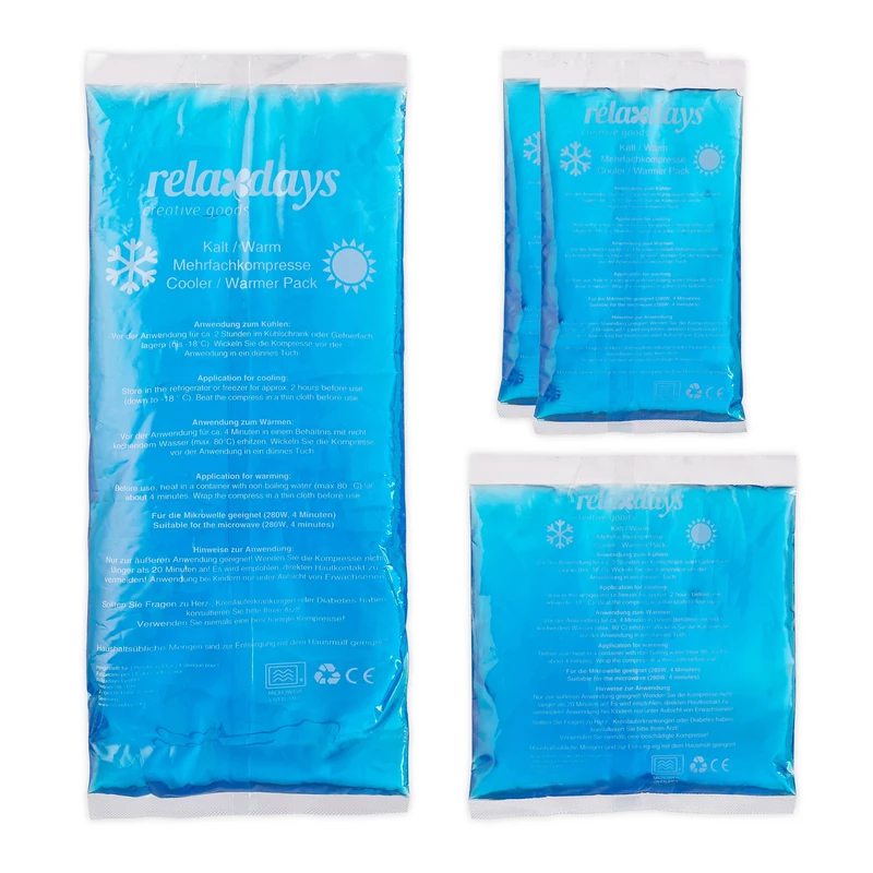 Relaxdays Cooling Pads, Set of 4, 3 Sizes, Cold Warm Compresses, Packs, Reusable Gel Compresses, Blue