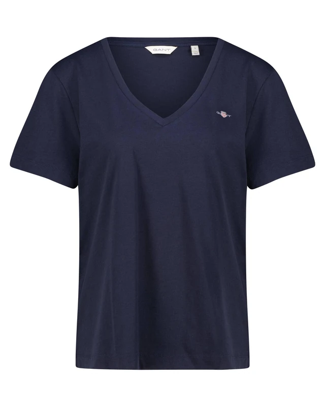 GANT Women's REG Shield SS V-Neck T-Shirt T-Shirt, Evening Blue,