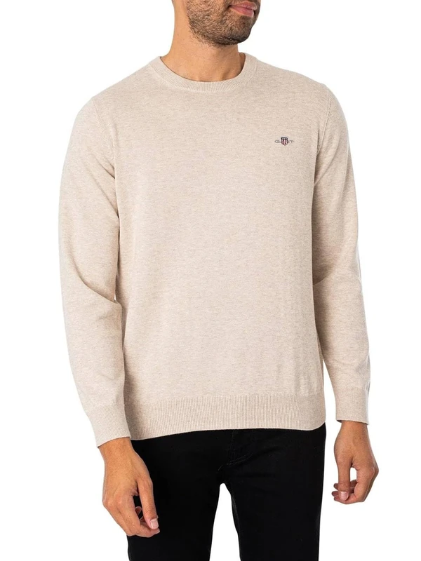 GANT Men's Classic Cotton C-Neck Pullover, Light Beige Melange 1, XXL