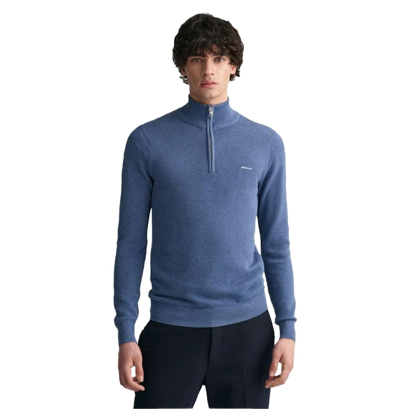 GANT Men's Cotton Pique Half Zip Pullover, Denim Blue Mel, L