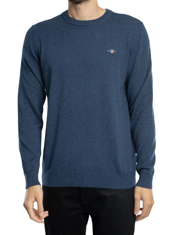 GANT Men's Classic Cotton C-Neck Sweater, Dark Denim Blue Melange, L
